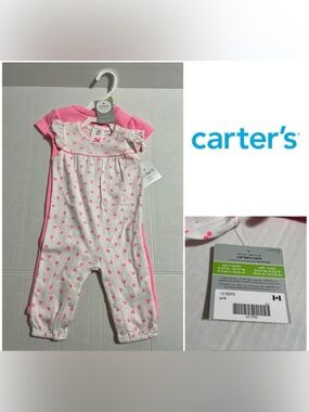 🆕CARTER’S - 3M - NWT - 2PC - INFANT GIRLS PINK / CHERRY COVERALL SET